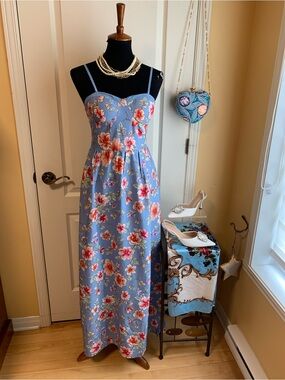 Blue Floral Maxi Dress with Spaghetti Straps